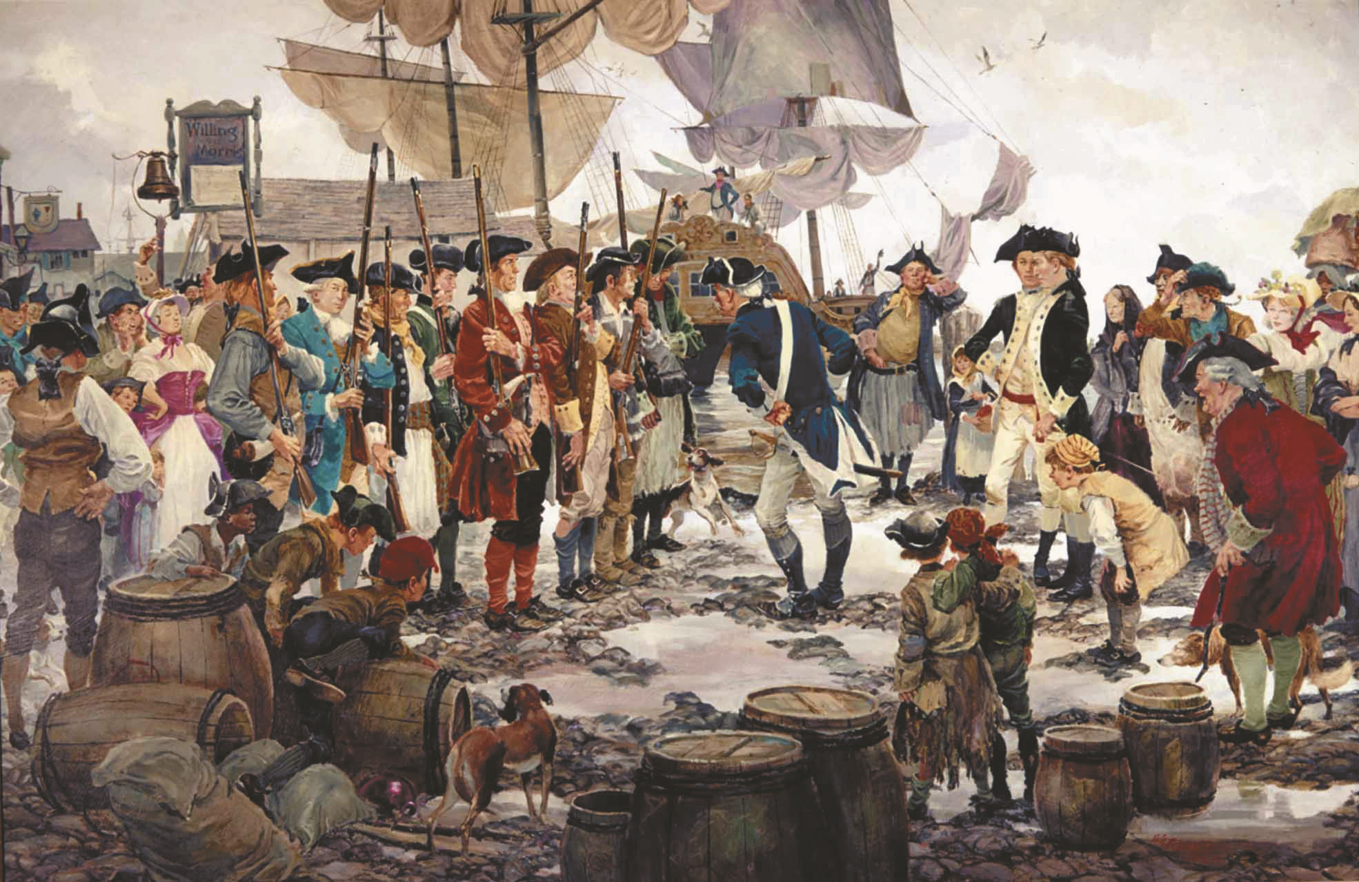 The First Recruits, December 1775. (Painting by Col Charles Waterhouse, USMCR, from The U.S. Marine Corps: An Illustrated History, by Merrell L. Bartlett and Jack Sweetman, [Annapolis, MD: Naval Institute Press, 2001].)